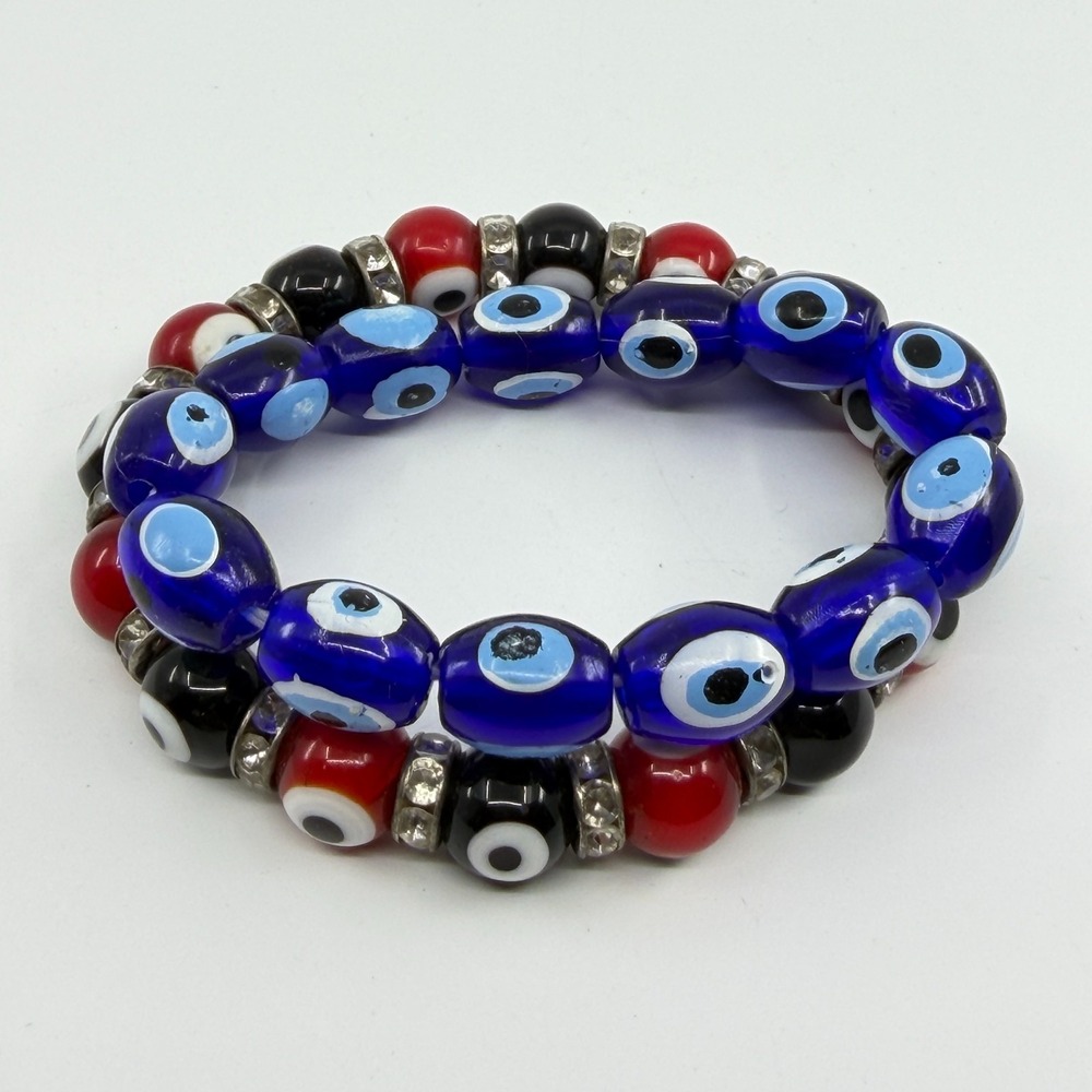 Evil Eye Beaded Bracelets Set Of 2 Pcs Boho Blue Red Black Protection Stacker